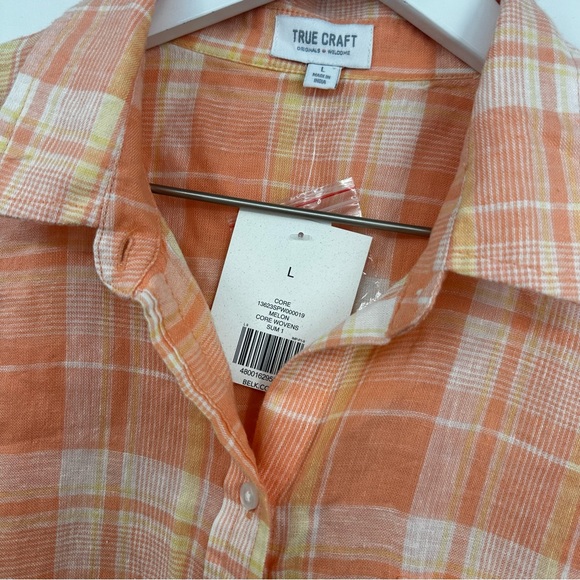 True Craft Orange Plaid Cropped Button Shirt Size Large Linen Blend - Picture 5 of 9